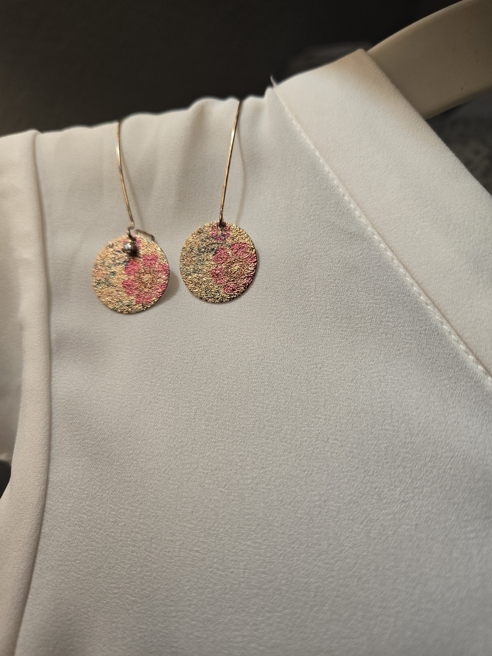 Gold Floral Drop Earrings - Pink Flower Accents